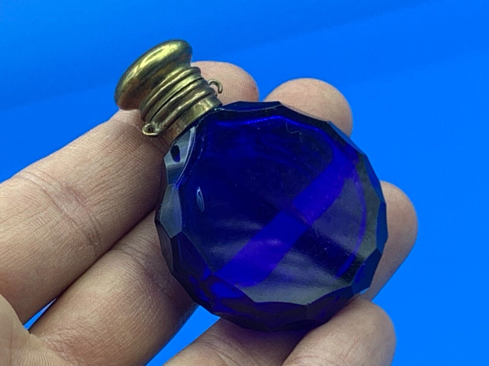 Antique Miniature Faceted Cobalt Blue Glass Scent Perfume Bottle Chain Pendant