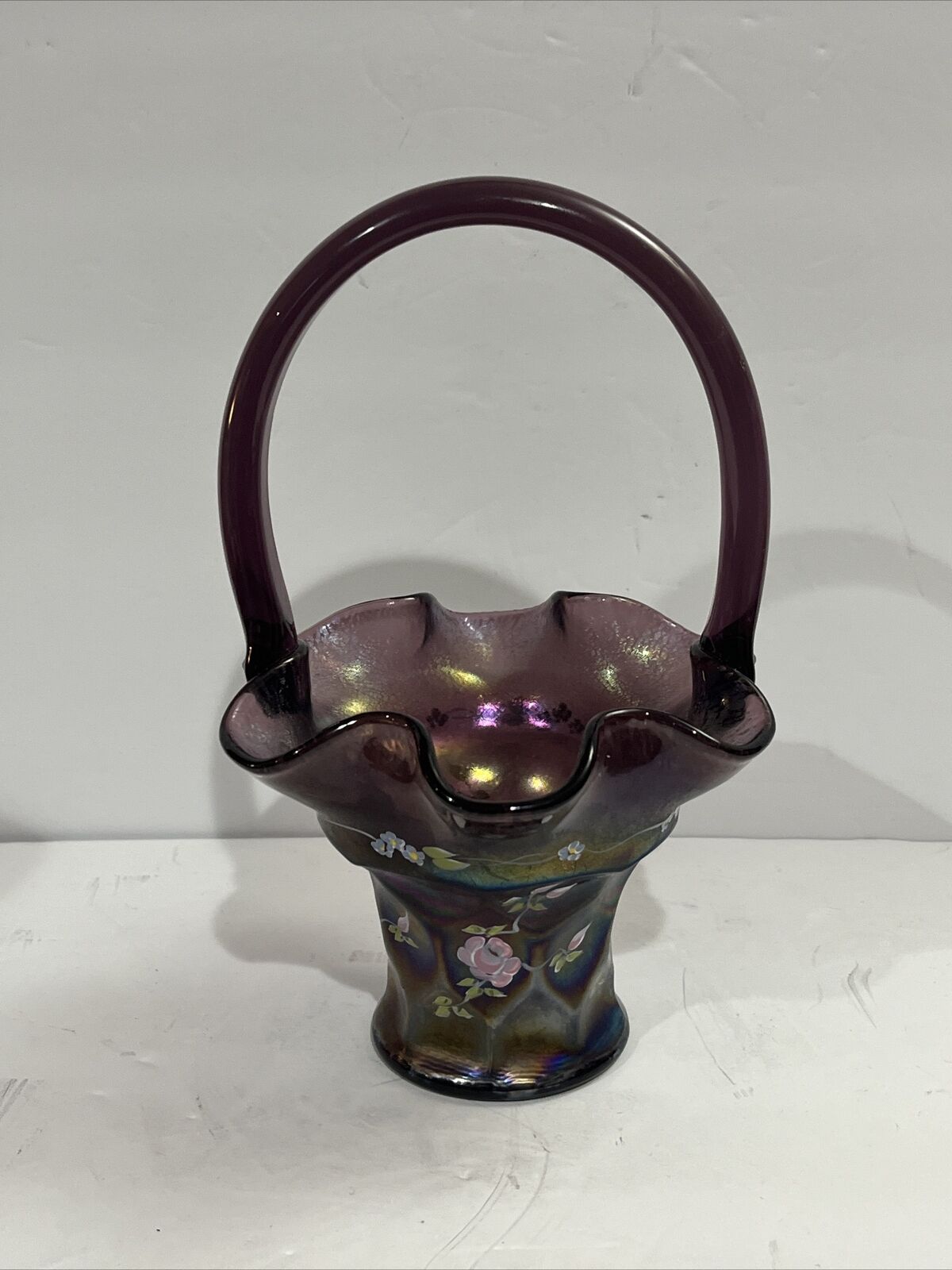 Fenton Art Glass Amethyst Basket HDPT Signed Frank Fenton S. Allman Painted 9” T