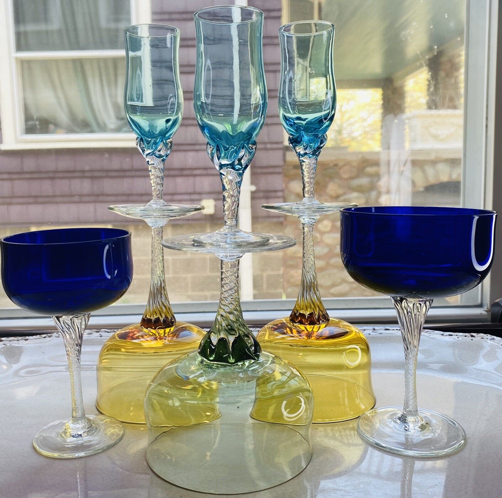 Boho Gem Color Cocktail Glass Clear Twist Stem Cordial Mix Barware Set of 8