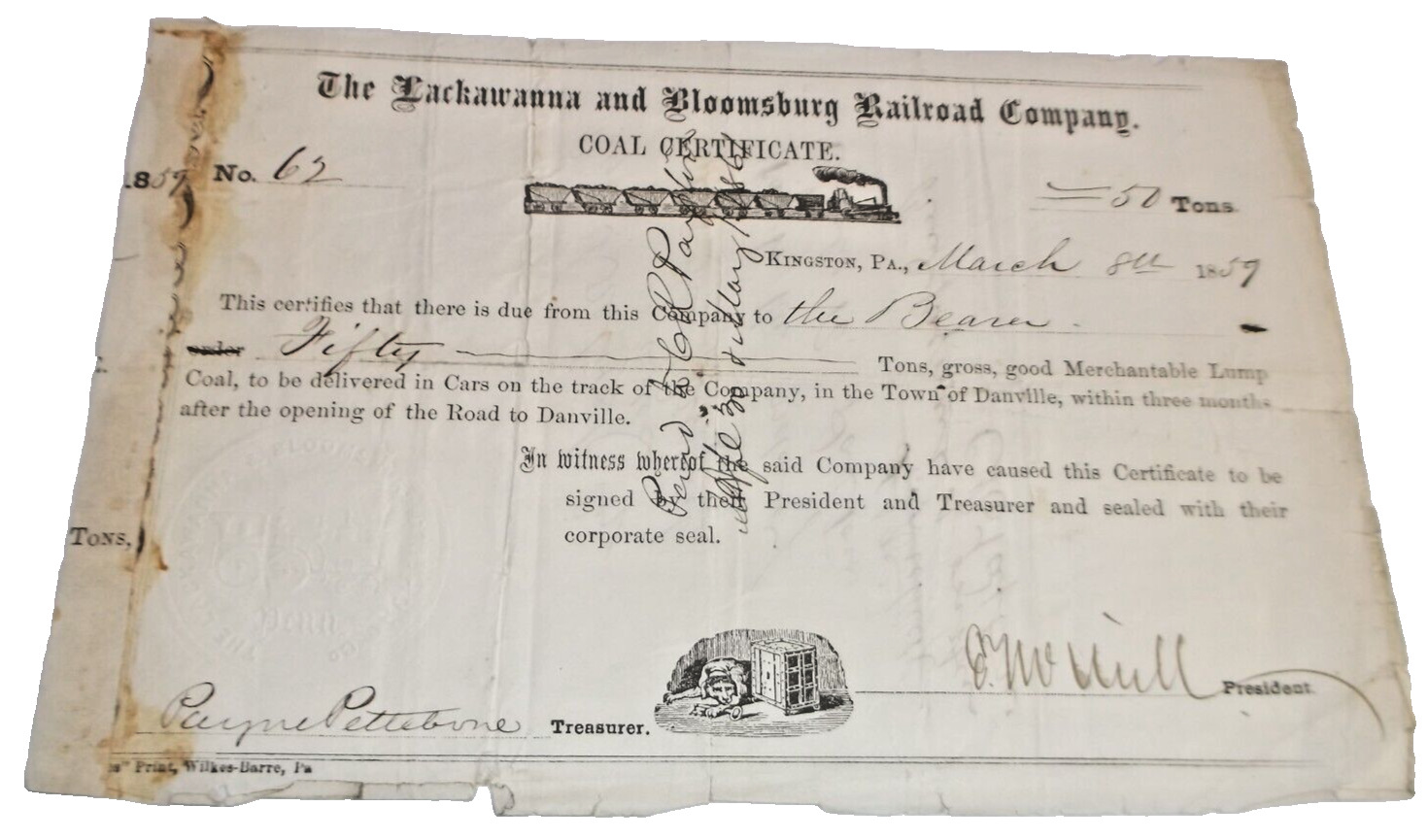 1859 LACKAWANNA AND BLOOMSBURG RAILROAD DL&W COAL CERTIFICATE