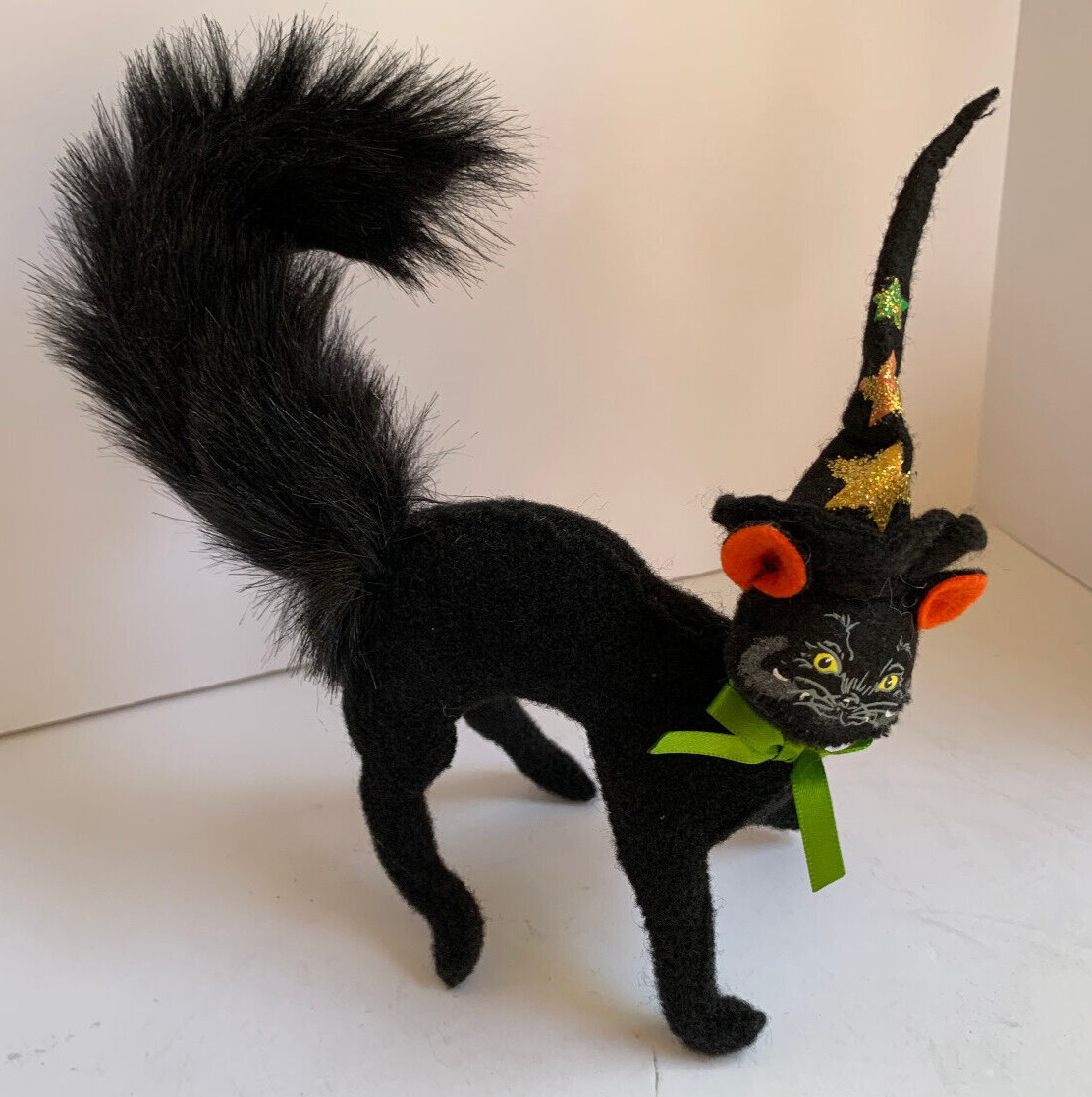 2007 Annalee Doll Halloween Black Cat With Black Witch Hat with Golden Stars