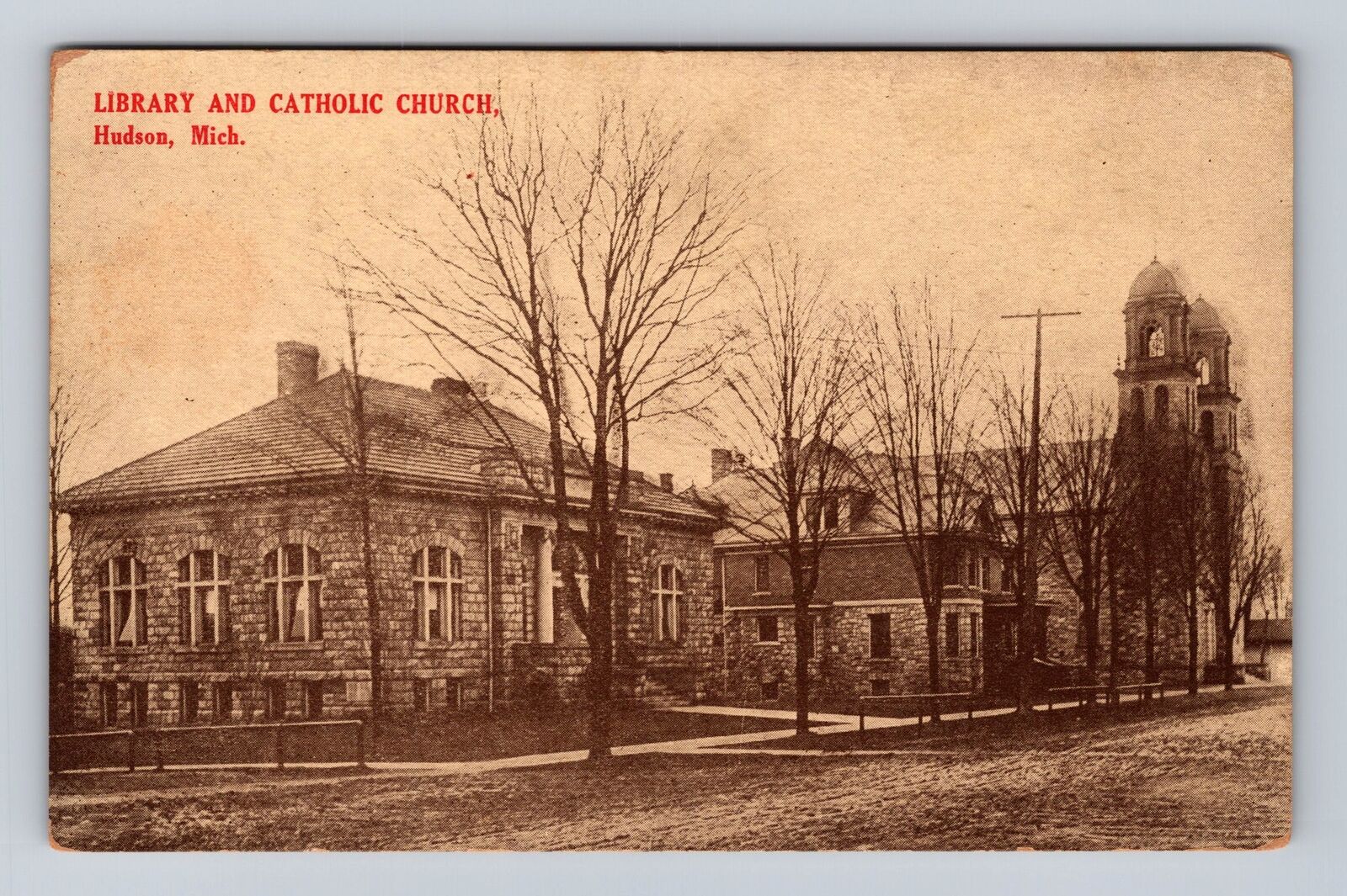 Hudson MI-Michigan, Library And Catholic Church, Religion, Vintage Postcard