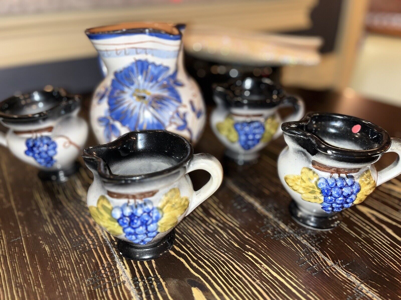 Handmade Vintage Italian Tea Set- Pitcher And 4 Tea Cups Grape Theme