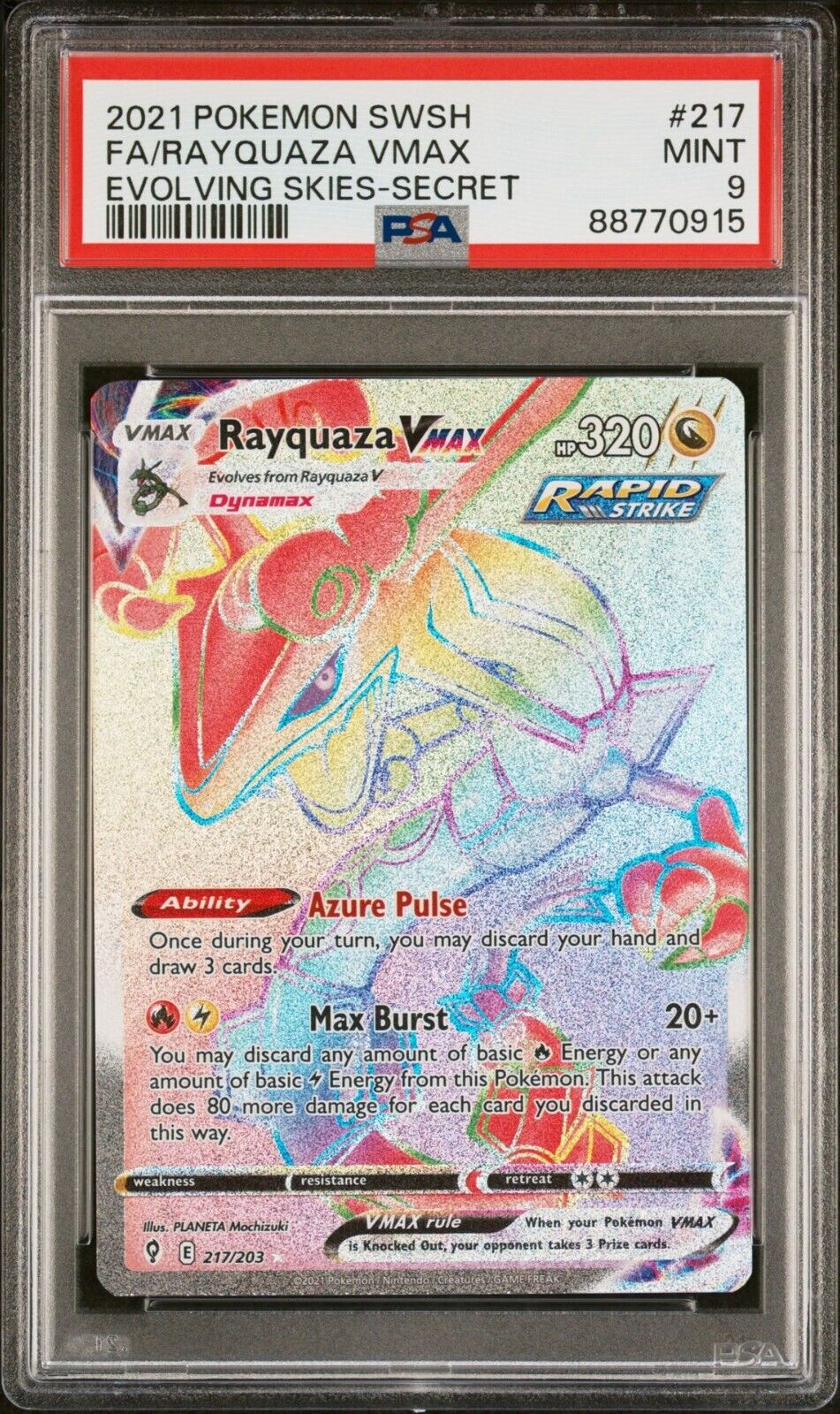 Pokemon Card PSA 9 Rayquaza VMAX Evolving Skies Secret Rainbow Rare 217/203 2021