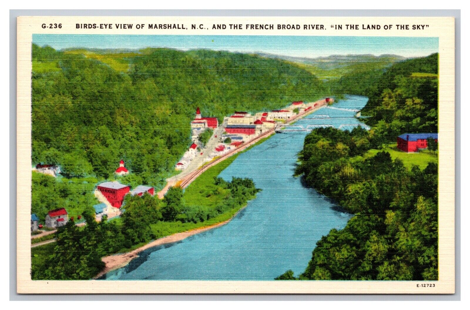 Marshall NC North Carolina and The French Broad River Aerial View Linen Postcard