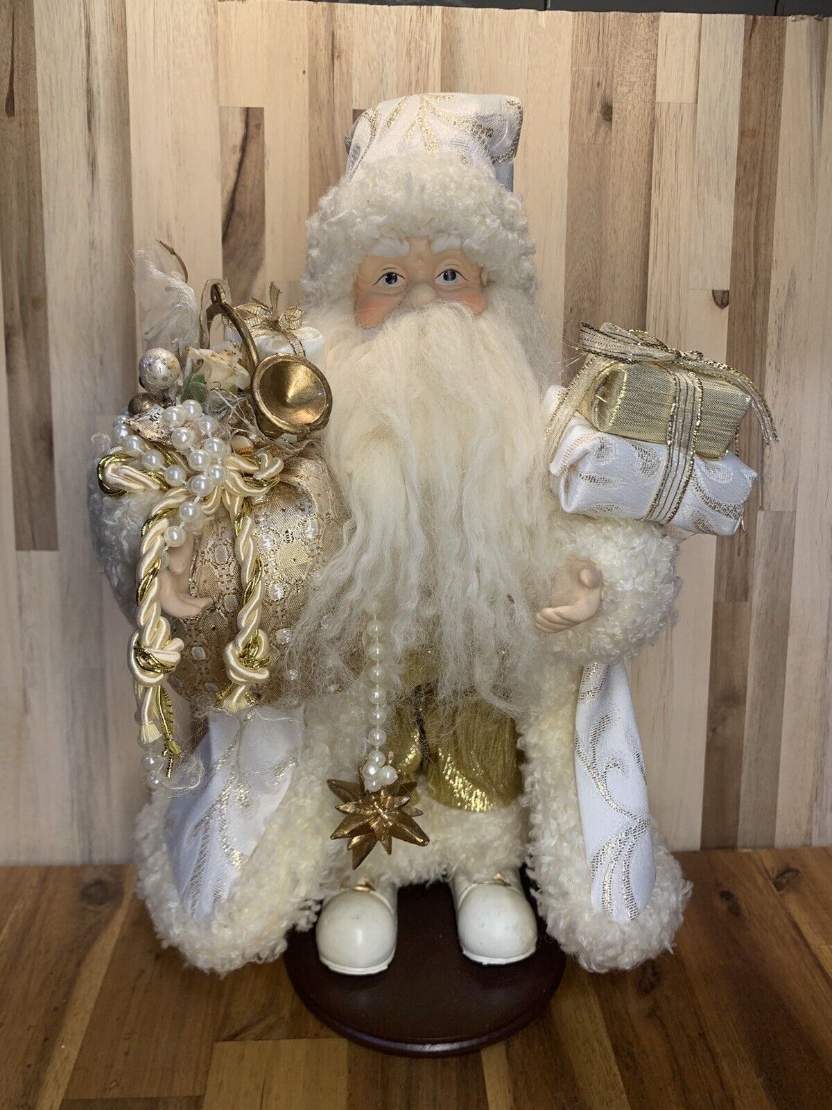 Vintage Christmas Santa Clause Doll 12” Gold And White Classic Neutral