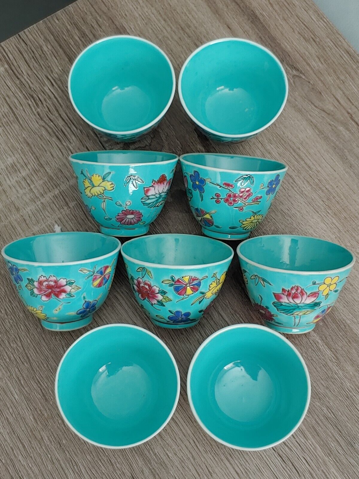 纯手工松石绿地粉彩花卉杯 Antique China Hong Kong Famille Rose Porcelain Painted Artwork Cups
