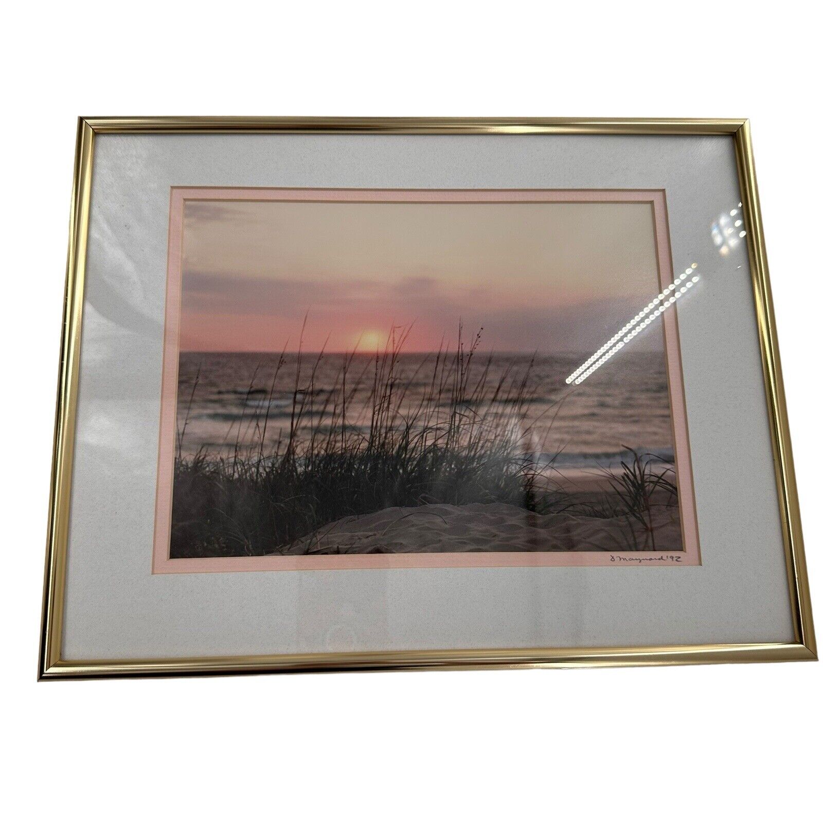 Vtg David Maynard Signed Gold Framed OCEAN Beach Photograph 1993 Pink Sunrise
