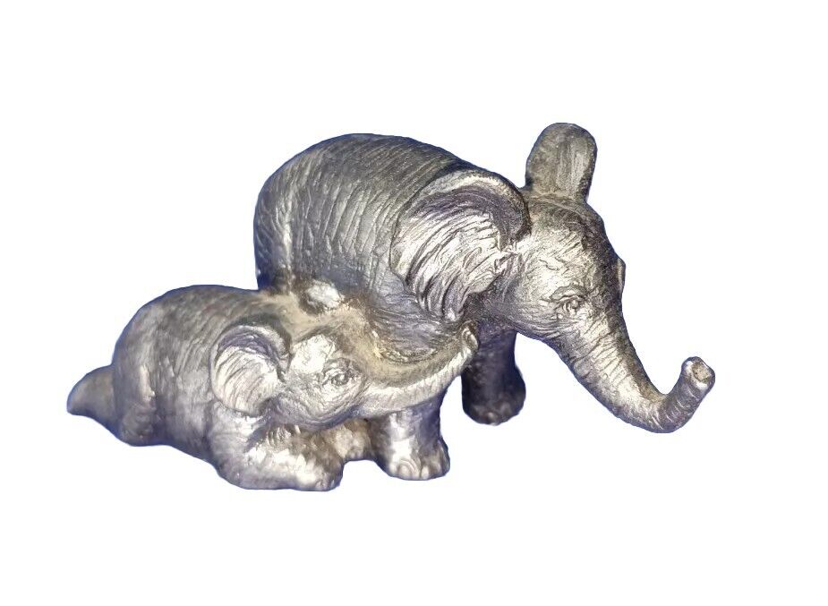 Pewter Elephant Mom and Baby Calf Figurine Artist Michael Ricker Signed #7238