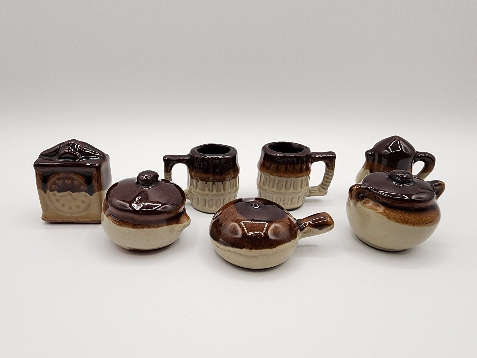 Lot of 7 Vintage Brown Drip Glaze Pottery Miniatures Dollhouse Kitchen