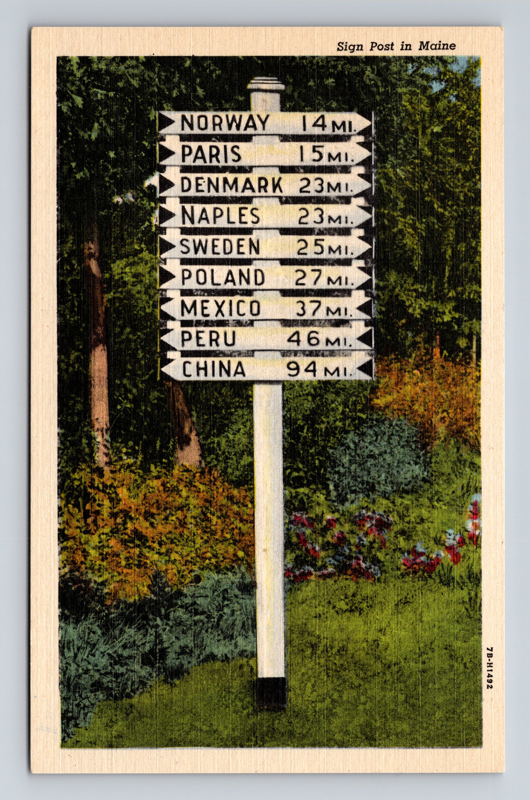c1947 Linen Postcard ME Maine Sign Post in Maine Miles to World Cities