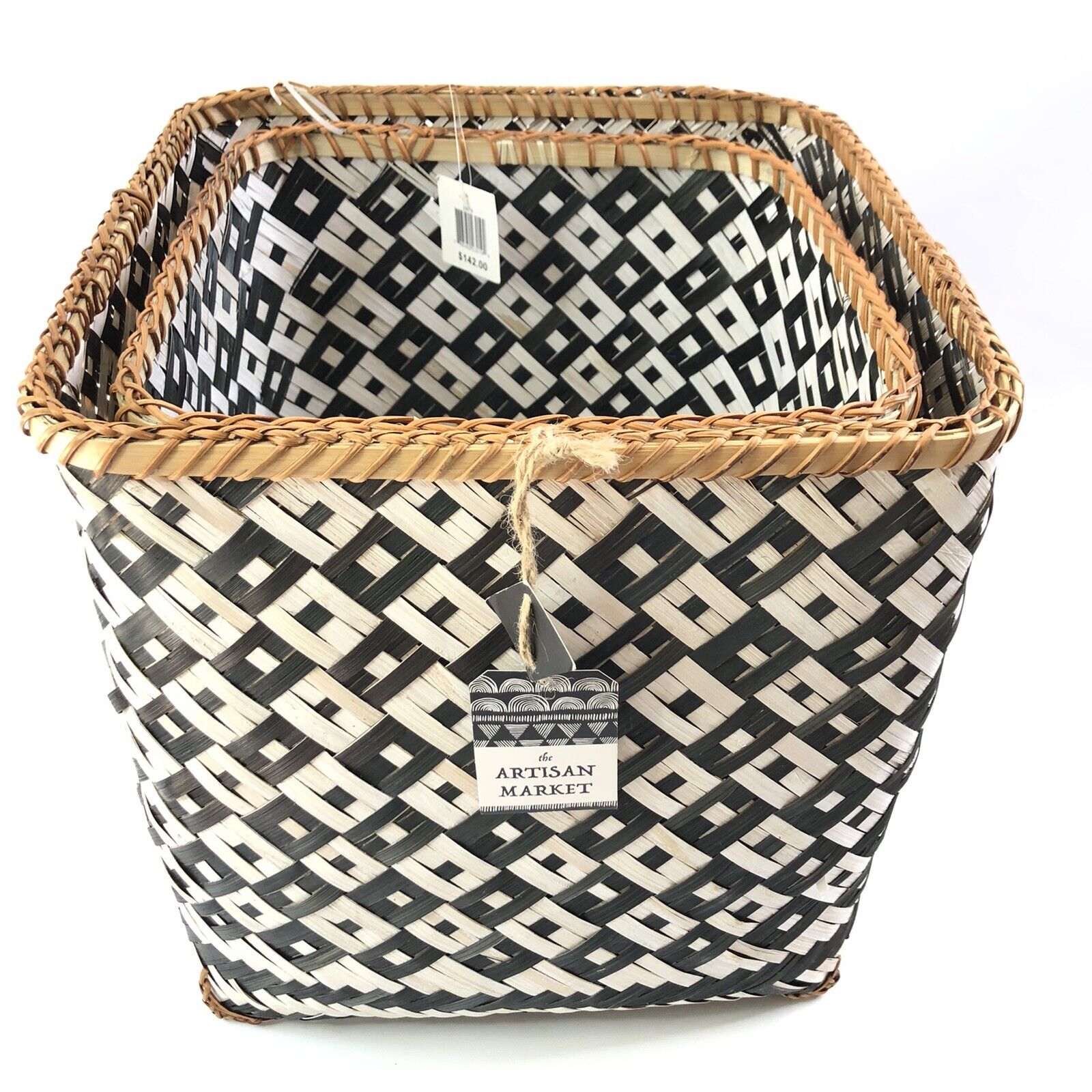 Artisan Market Square Bamboo Baskets Set of 2 Black White Diagonal Weave