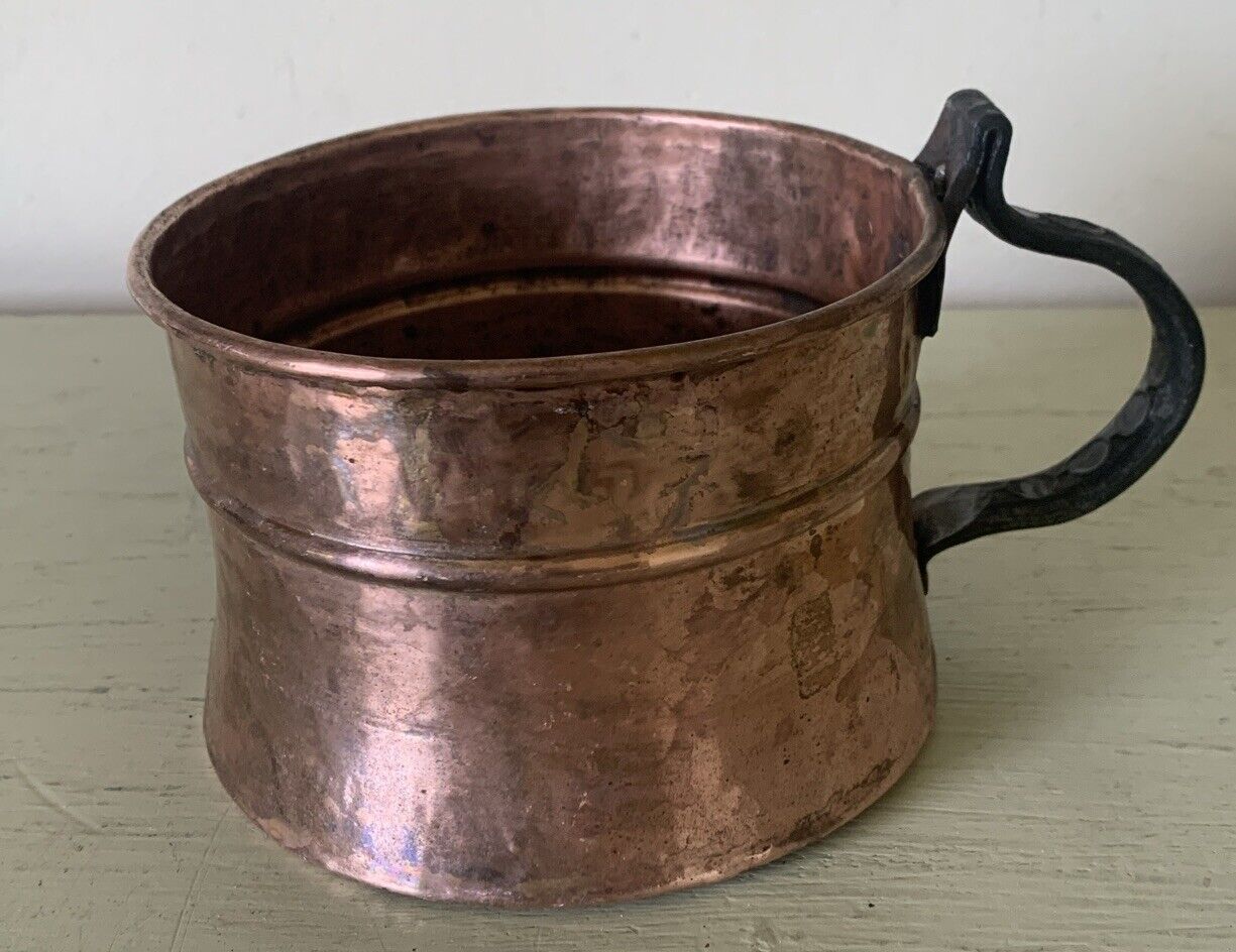 Primitive large old hand-hammered dove tail seams copper tankard cup Farmhouse