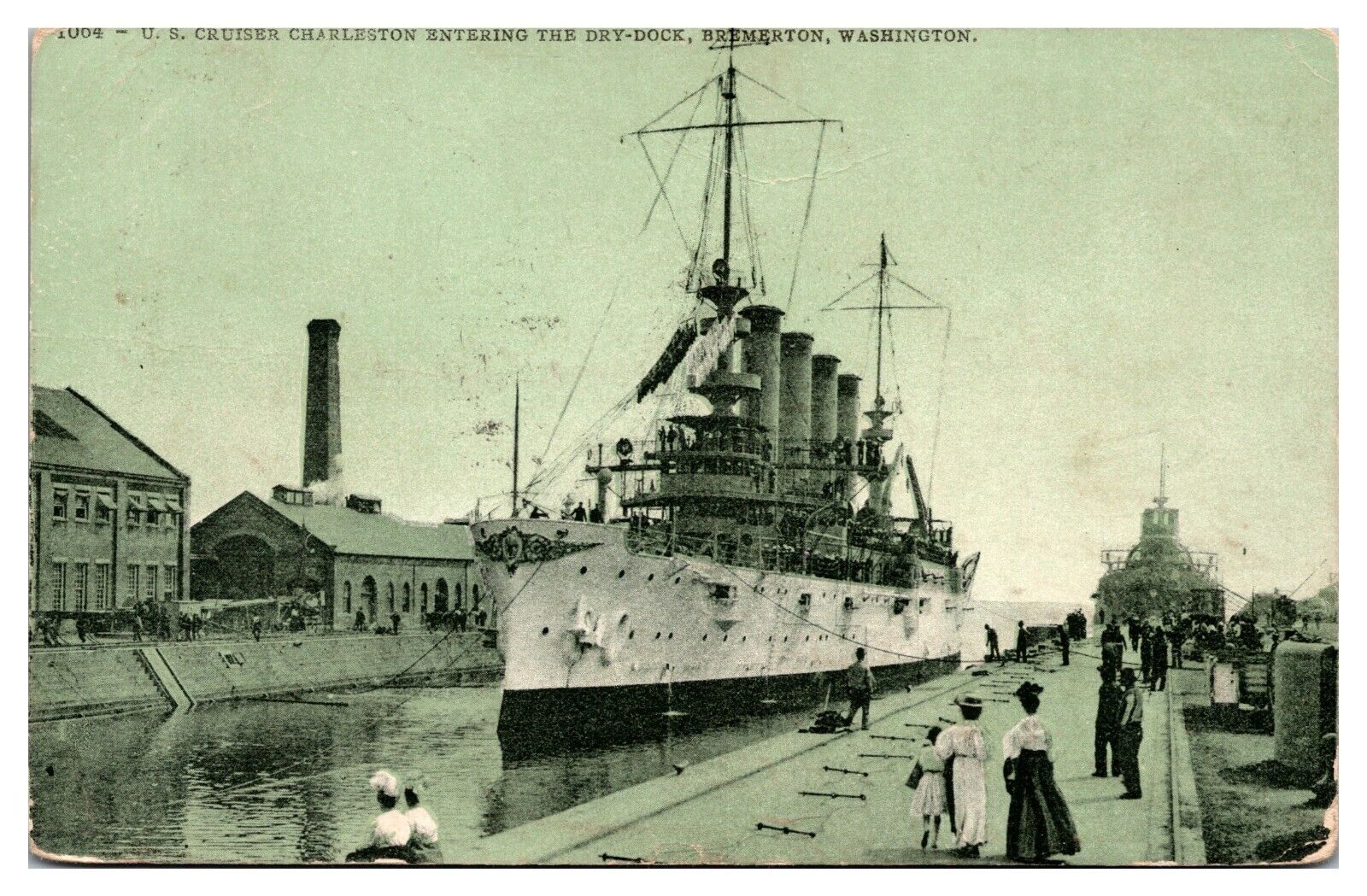 1908 USS Charleston, Cruiser, Entering The Dry Dock, Bremerton, WA Postcard