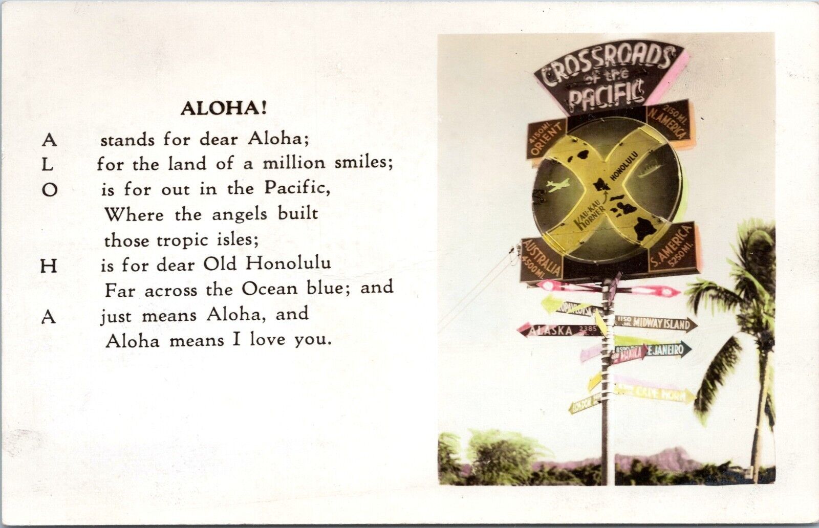 Tinted RPPC Kau Kau Korner Sign, Honolulu Hawaii- c1940\'s Photo Postcard - Aloha