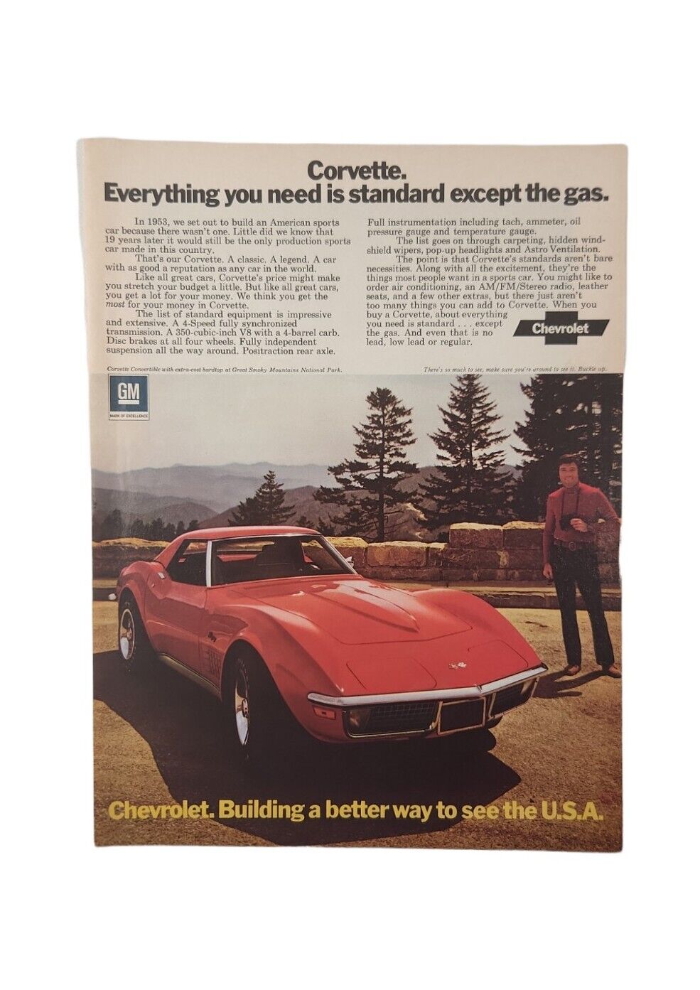 1972 CHEVROLET CORVETTE PRINT AD  Muscle Car Garage Shop Art Full Color