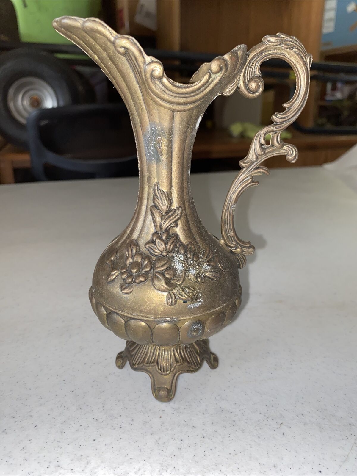 Vintage Italian Floral Embossed Brass Metal Pitcher Vase Footed Handled 7”