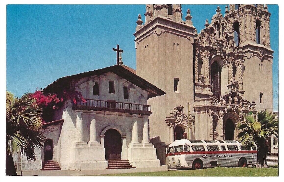San Francisco California Mission Dolores c1955 Catholic Church, Sight Seeing Bus