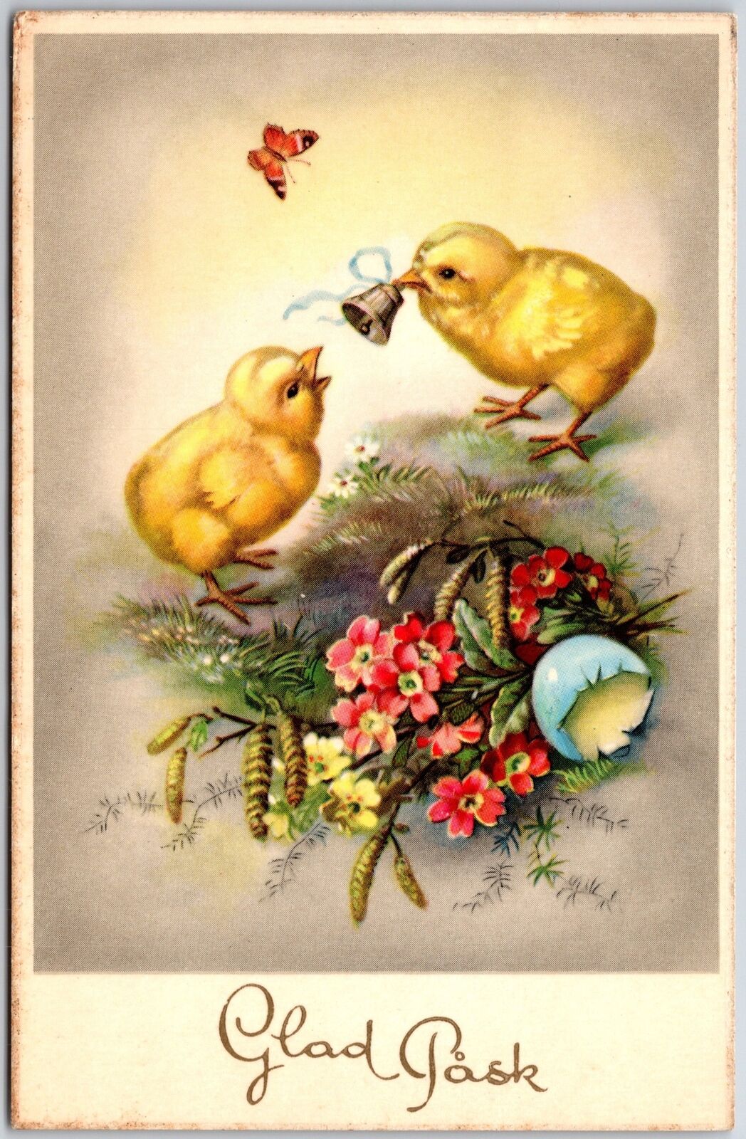 1910\'s Good Luck Chicks Bell On Beak Flowes And Leaves Posted Postcard