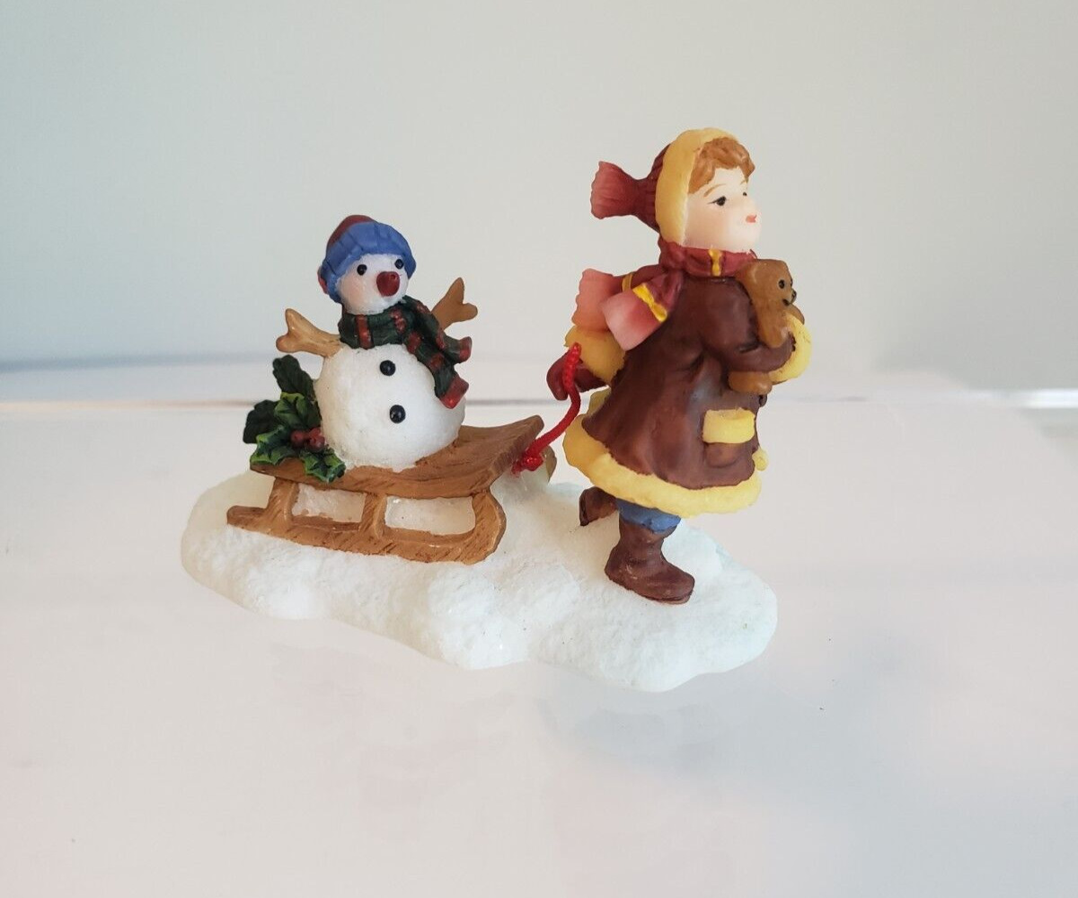 O\'Well Christmas Village Figurine Girl pulling Sled with Snowman Retired VTG