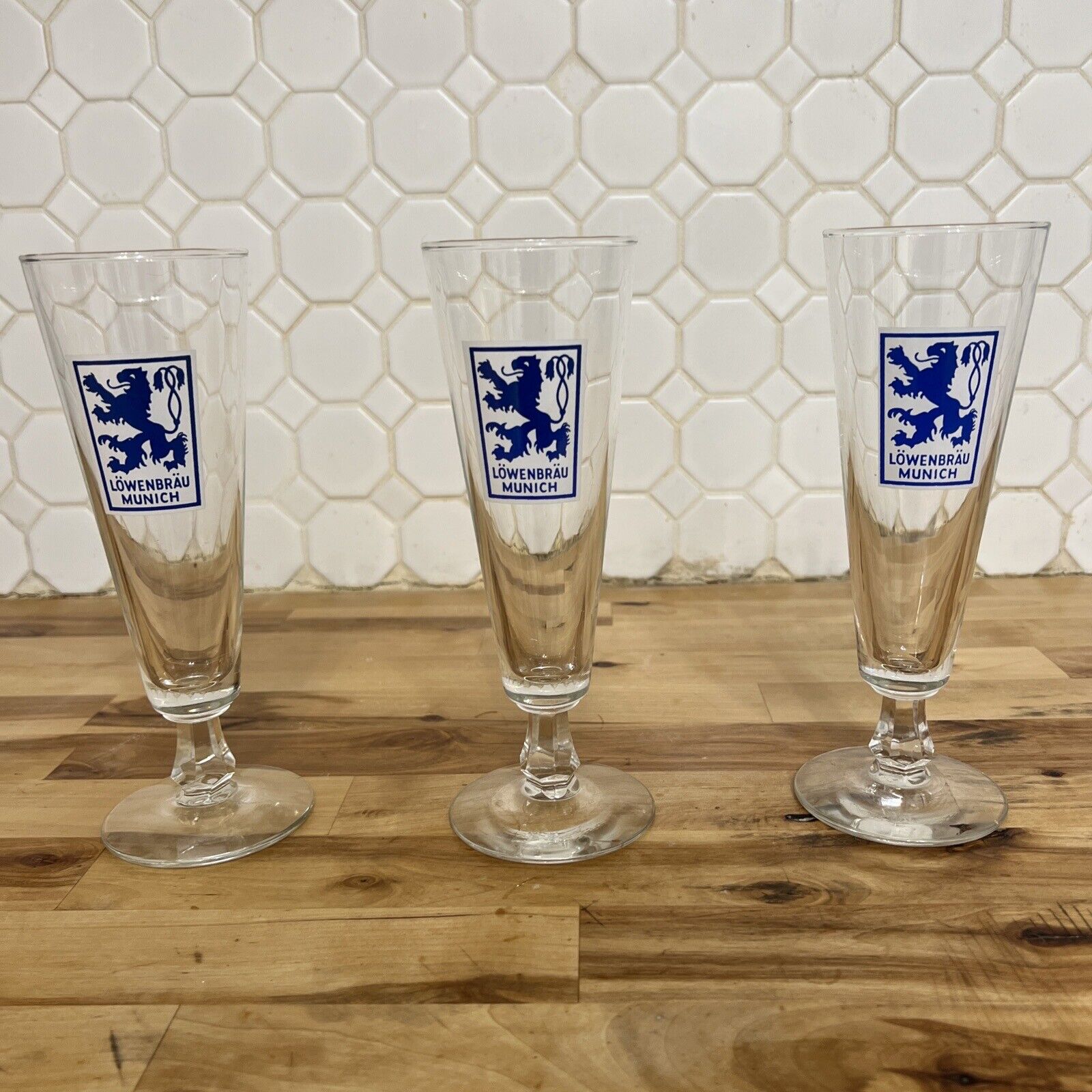 3 Beautiful & Vintage Lowenbrau Munich Pilsner Beer Glasses 