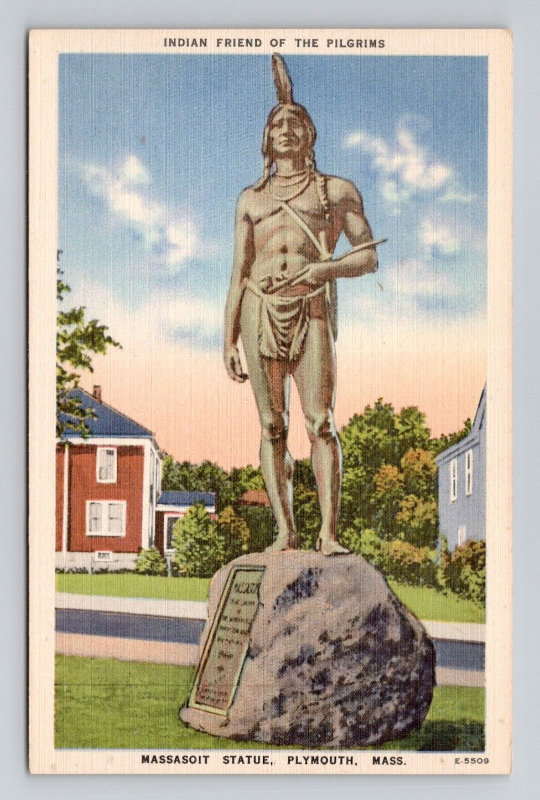 Postcard Massasoit Statue Native American Plymouth MA, Vintage Linen J20
