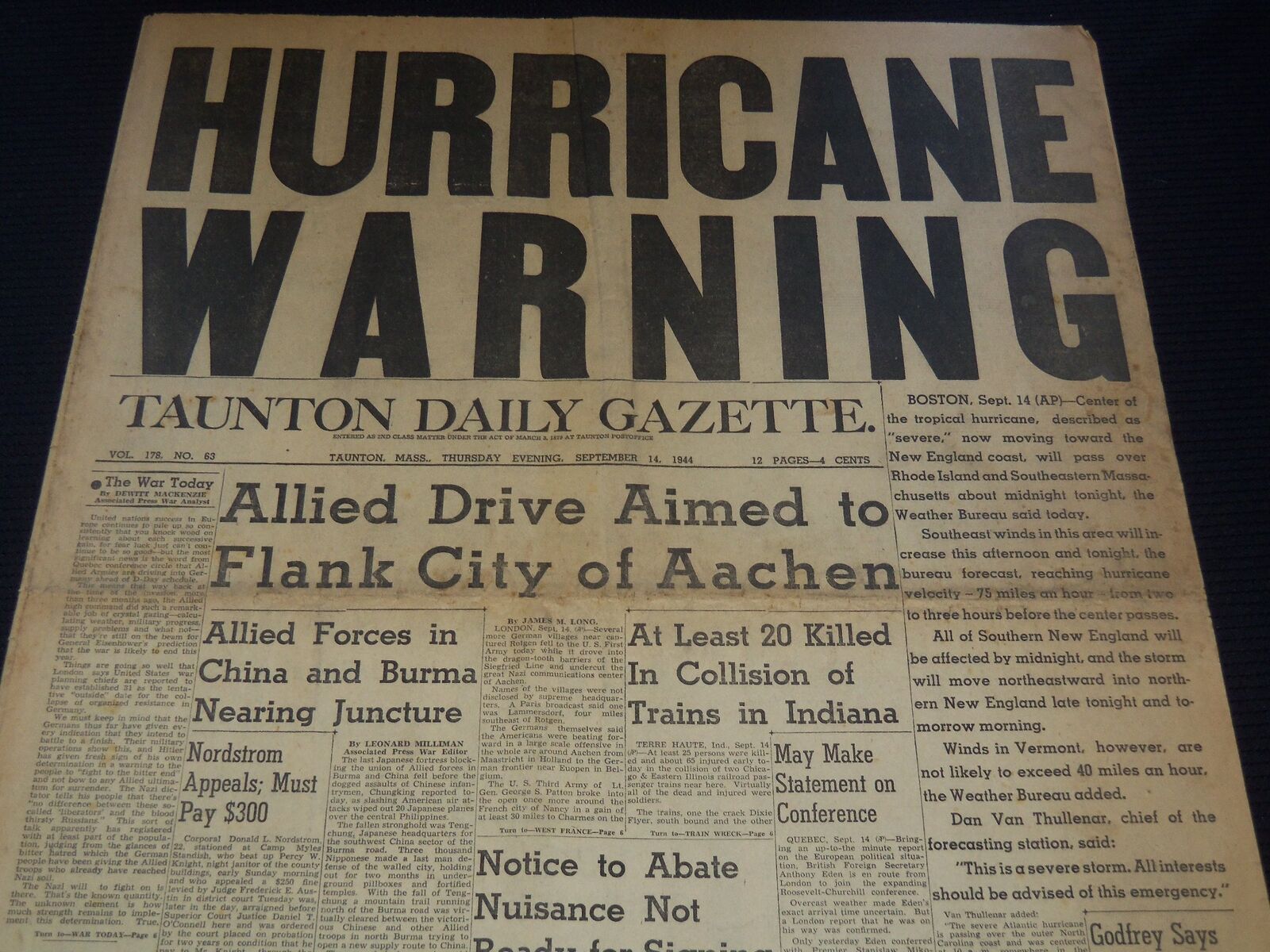 1944 SEPTEMBER 14 TAUNTON DAILY GAZETTE NEWSPAPER - HURRICANE WARNING - NT 9464