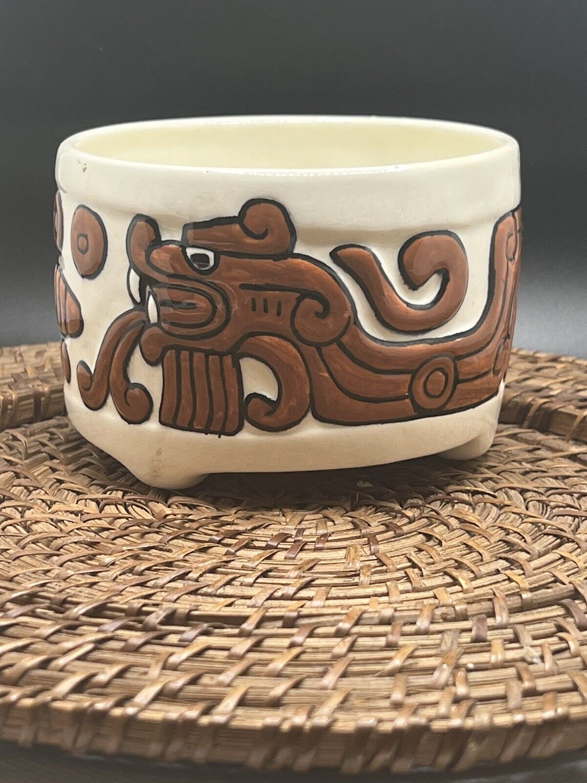 Circa 1960’s Los Castillo Ceramic Footed Aztec Tribal Bowl Taxco Rare Find