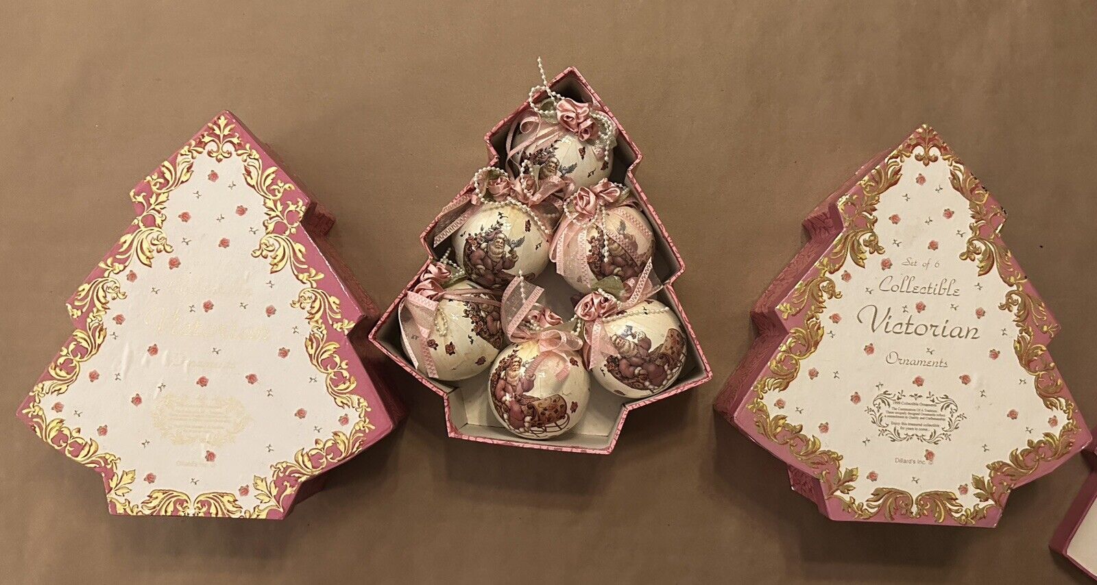 3 -Vintage Dillards Pink Collectible Victorian Ornaments Set of 6 Christmas 1999