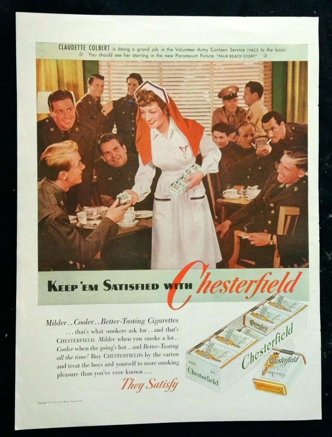 1942 Chesterfield Cigarette Vintage print Ad Claudette Colbert Serving soldiers