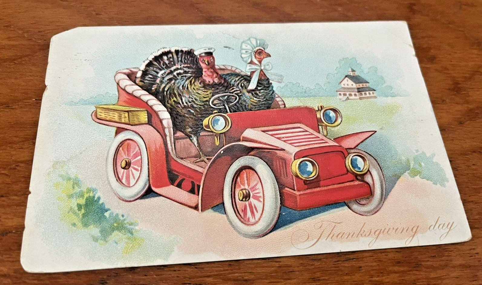 Vtg Postcard Tuck's Thanksgiving Anthropomorphic Turkey Couple Driving Car 1908