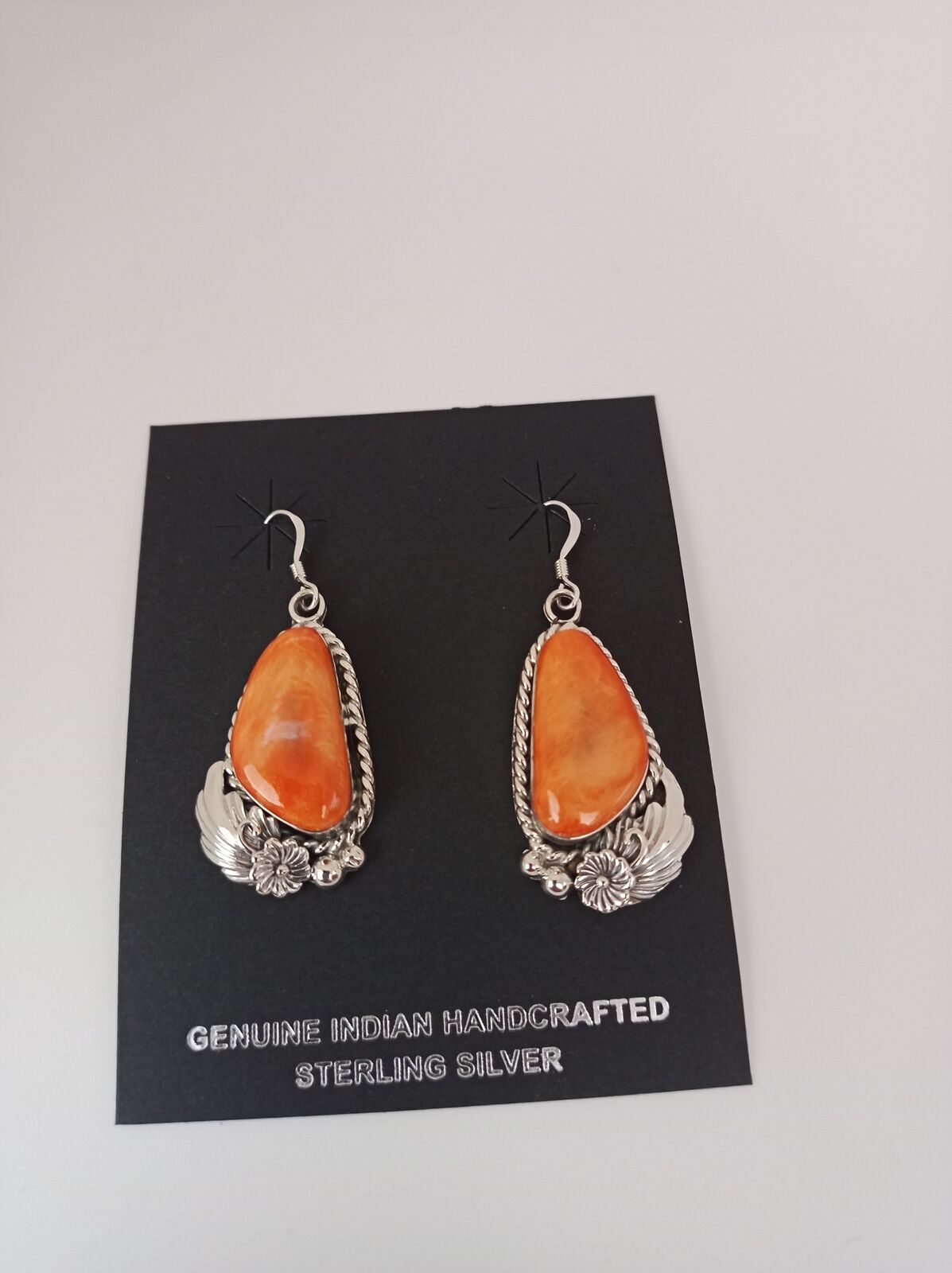 Navajo Handcrafted Sterling Silver and Orange Spiny Oyster Earrings by Fannie Pl