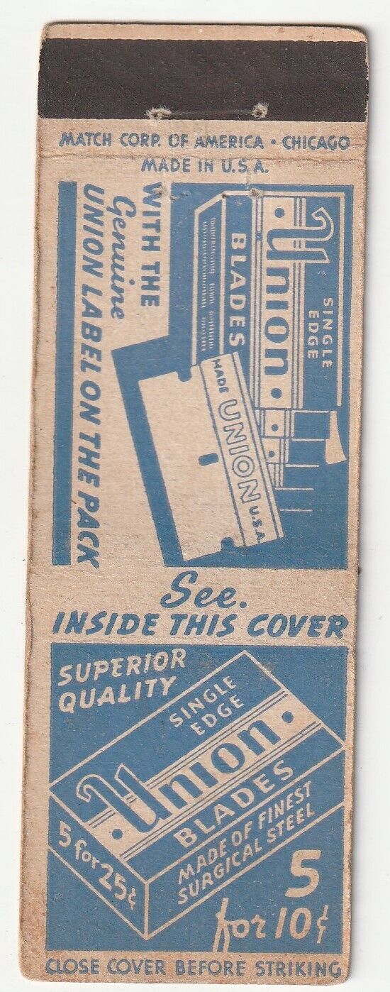 MATCHBOOK COVER - UNION RAZOR BLADES - SUPERIOR QUALITY SURGICAL STEEL