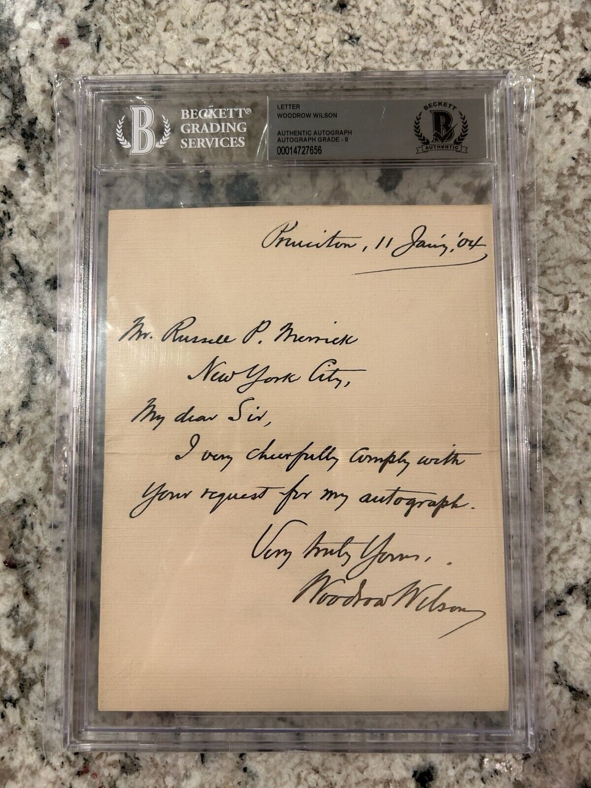 President Woodrow Wilson Signed Handwritten Letter Beckett Encapsulated Graded 9