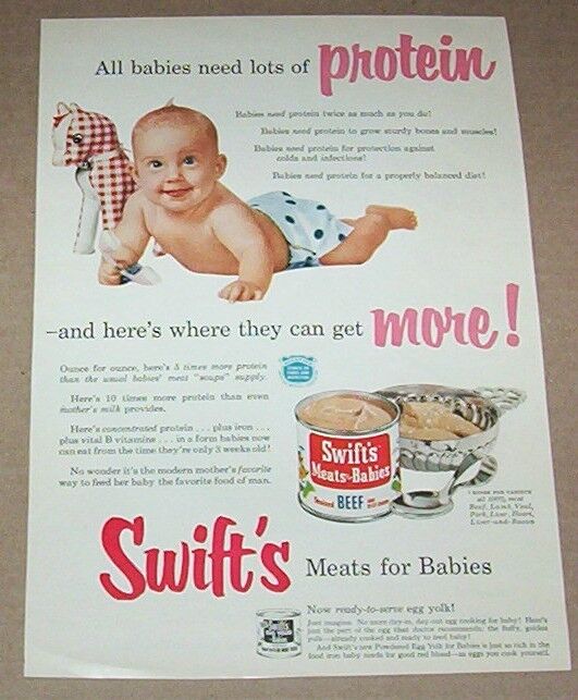 1953 print ad - Swift\'s Baby Food Cute baby polka-dot diaper vintage Advertising