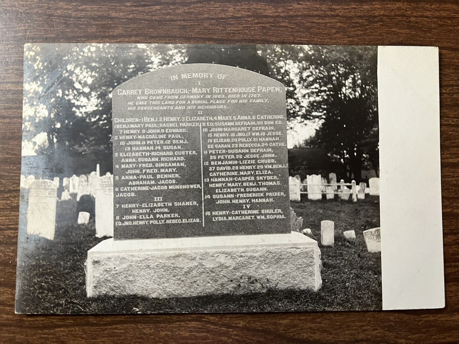 Garret Brownbaugh Family Monument Postcard ~ Phoenixville, PA ~ Real Photo, RPPC