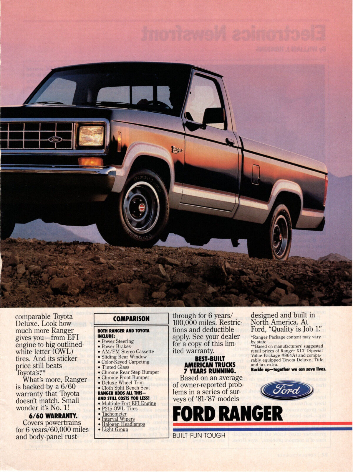 Ford Ranger Pickup Truck 1988 Vintage 2 Pg Print Ad Original Man Cave Decor