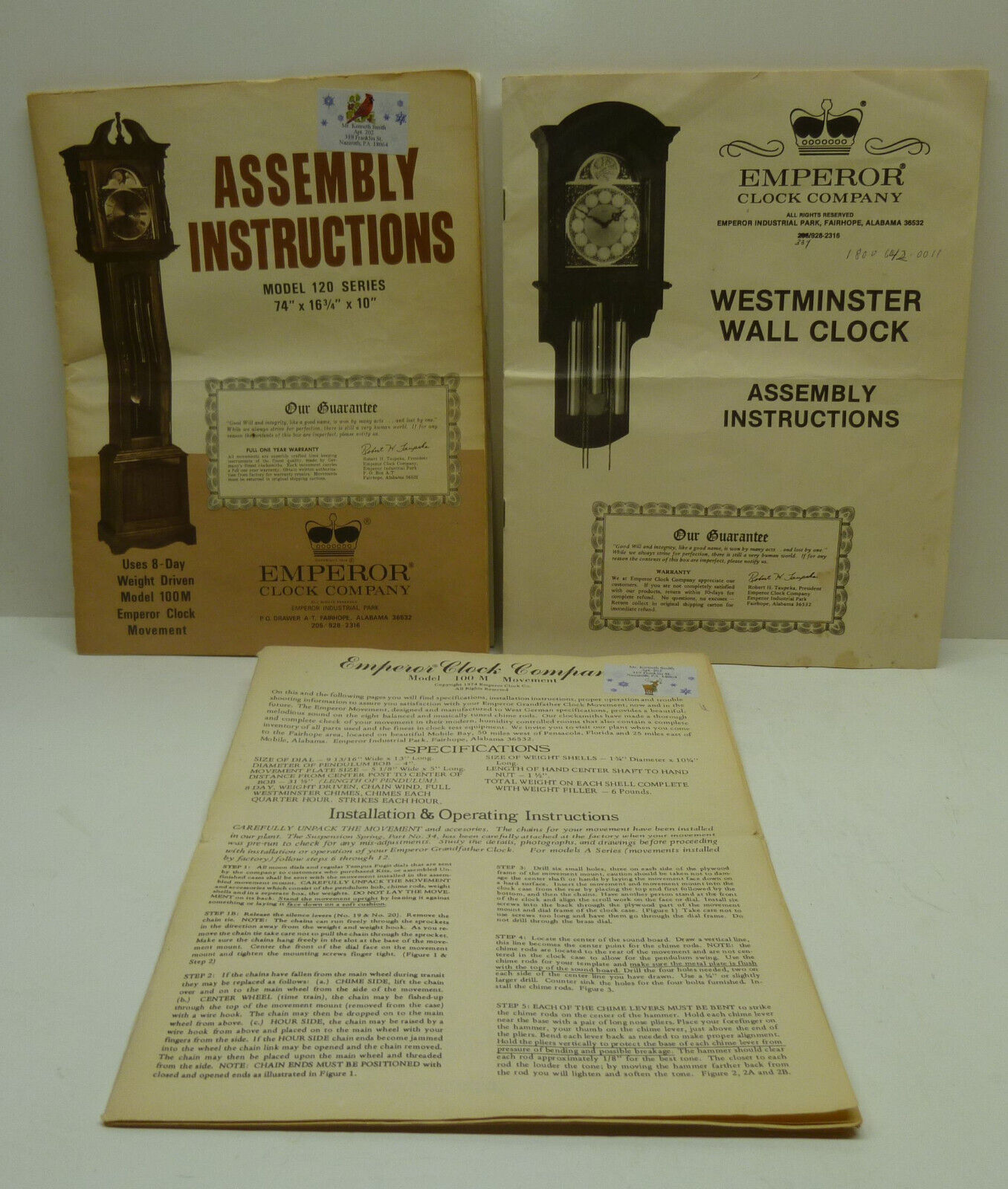 Vintage Emperor Vintage Grandfather/Wall Clock Assembly Instructions + Movement