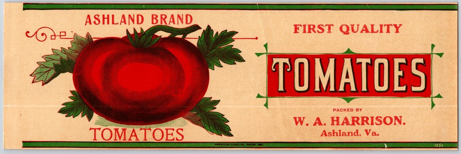Ashland Brand Tomatoes Paper Can Label W.A. Harrison Ashland, VA  c1910\'s w/ Cut