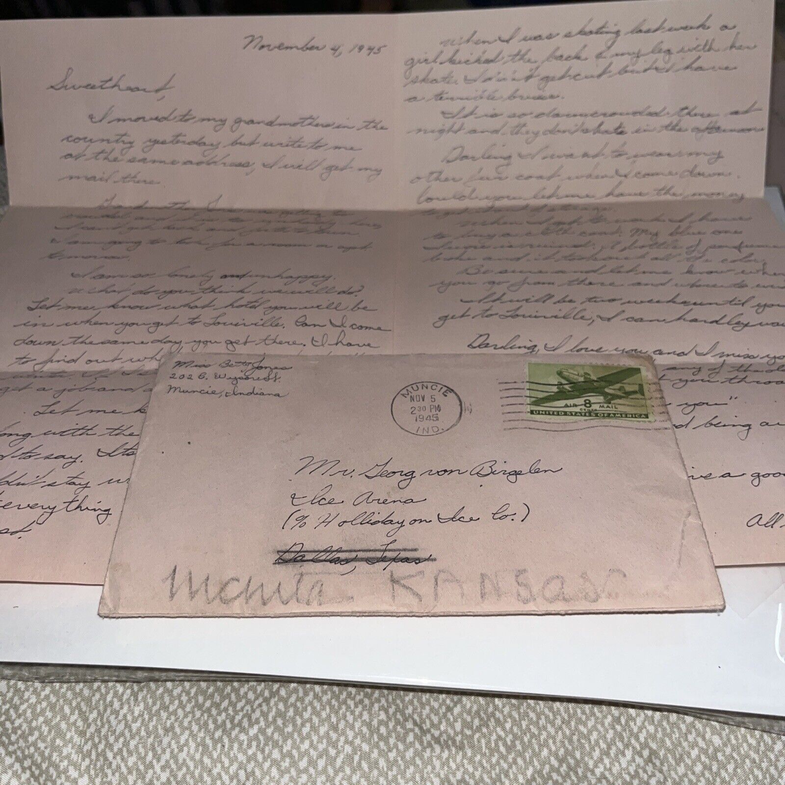 1945 Future Wife’s Letter to Ice Skating Champion at Wichita Kansas Arena KS