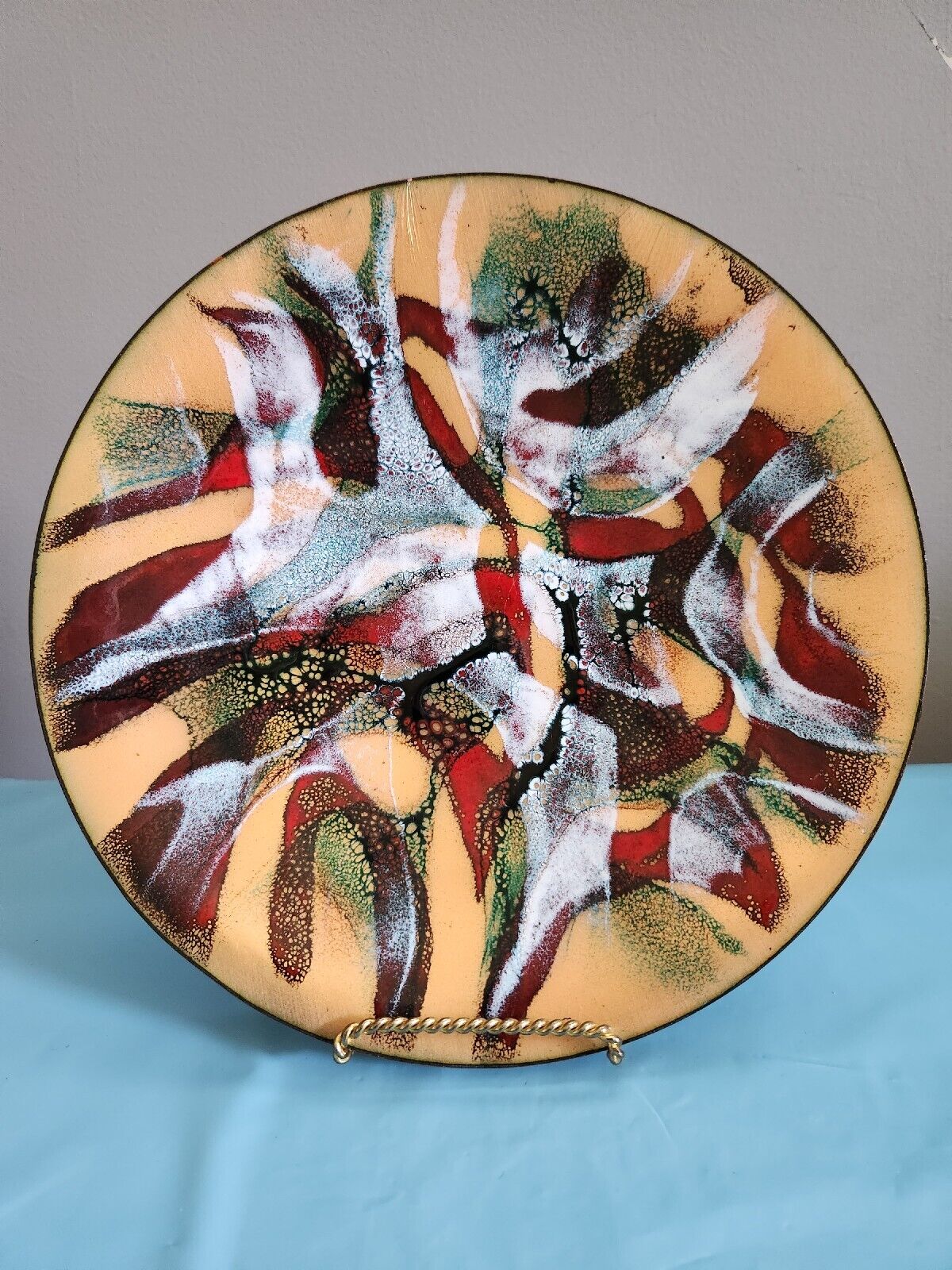 Vtg 70s Abstract Quebec Artisan Enameled Copper Plate 10in Signed Elaine Fractal
