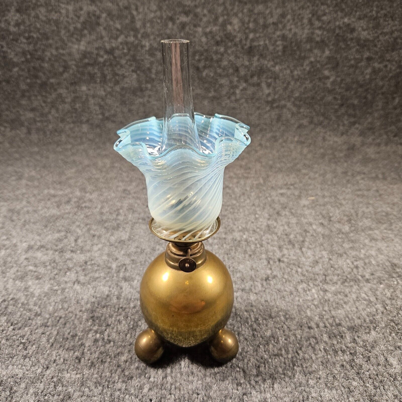 Gusums Bruk Miniature Brass Oil Lamp W/ Swirl Optic Uranium Lamp Shade