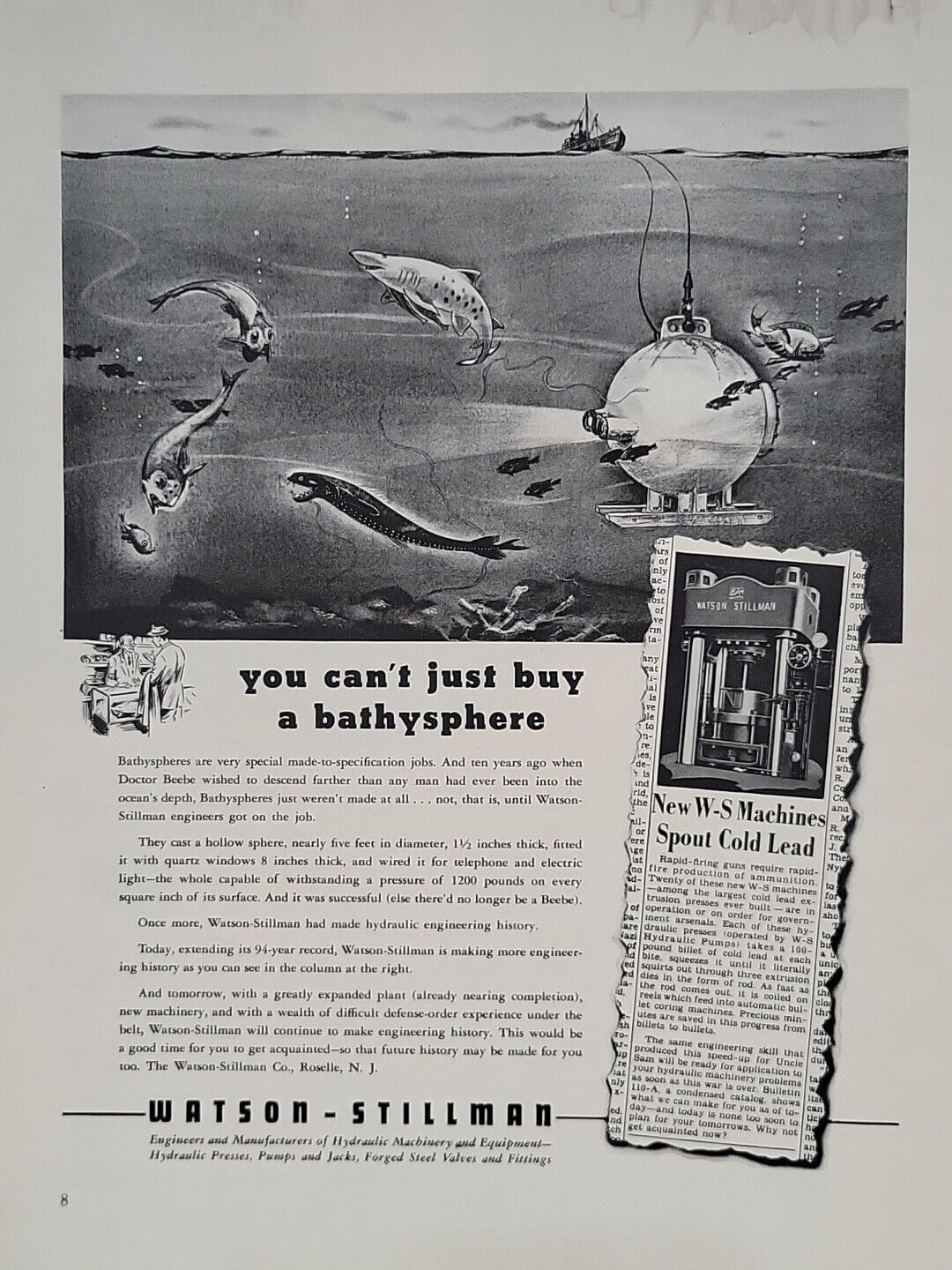 1942 Watson-Stillman Engineers Fortune WW2 Print Ad Q1 Bathysphere Deep Sea Fish