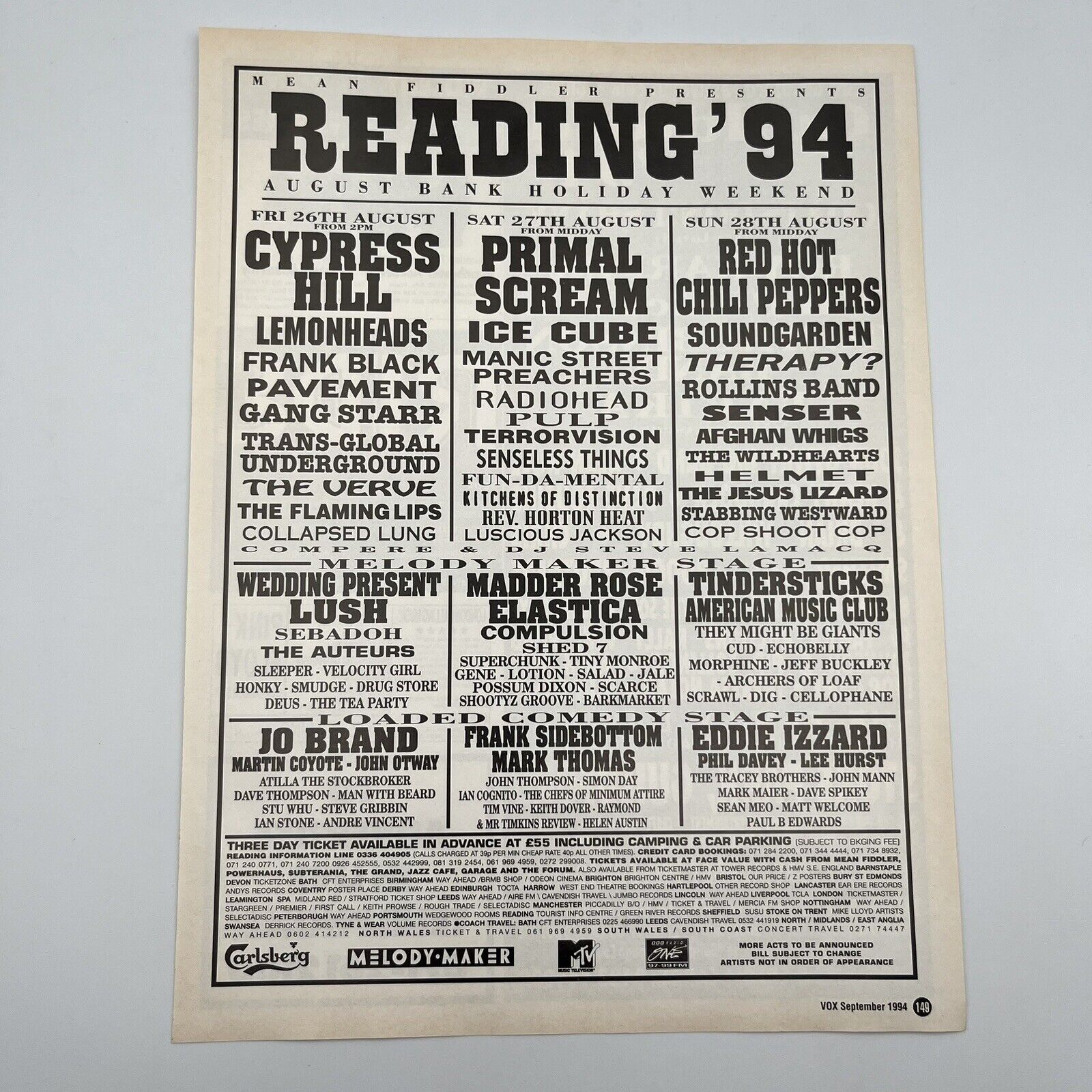 Reading Festival 1994 Vtg UK Print Ad 9\