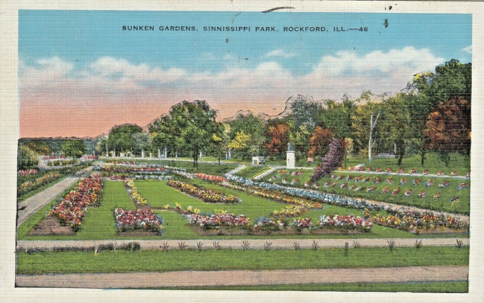 Vintage Postcard  ILLINOIS  SUNKEN GARDENS, ROCKFORD   LINEN  POSTED  1935