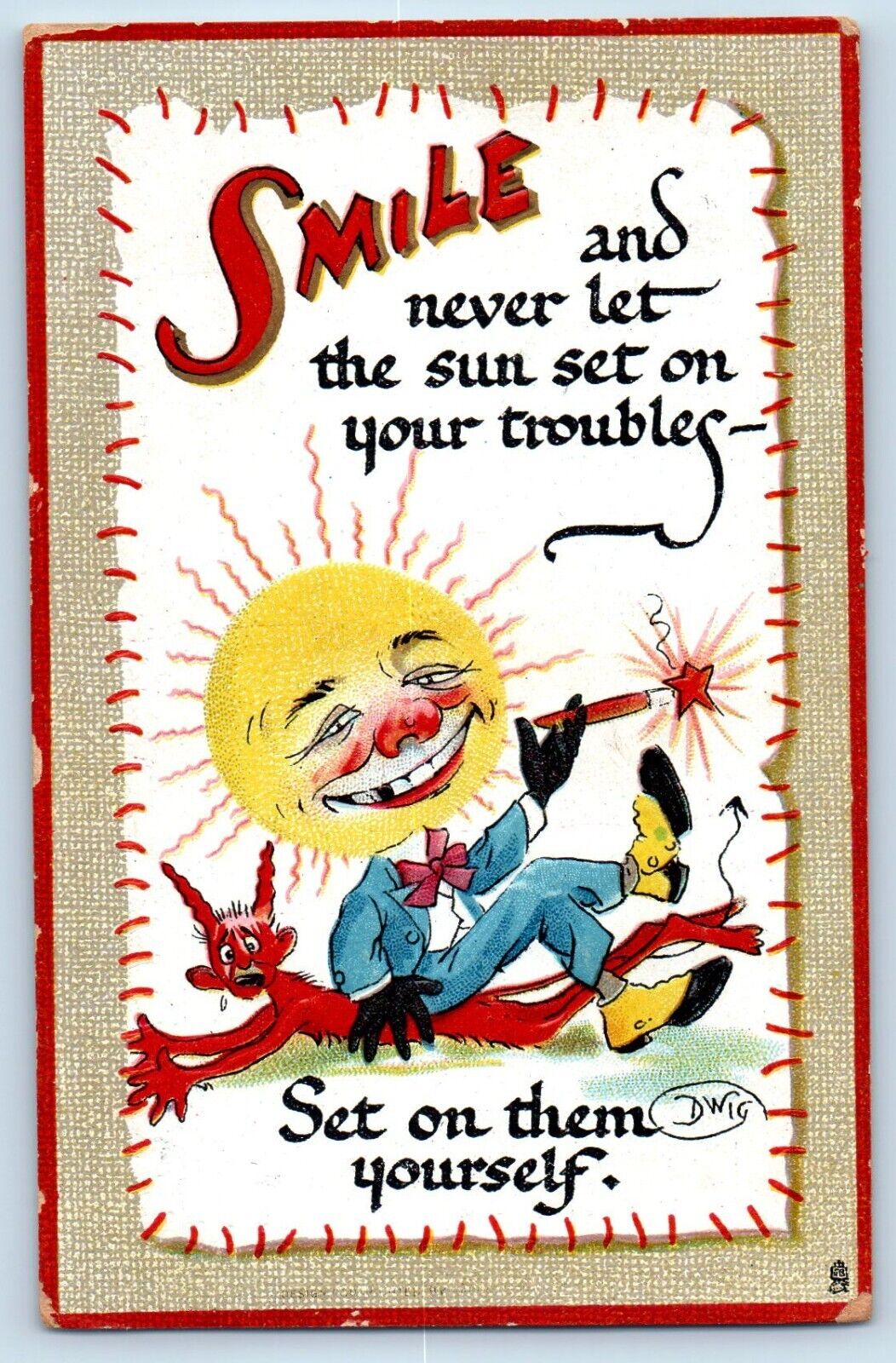 Dwig Artist Signed Postcard Smile Man Sun Head Cigarette Smoking Conrad Iowa IA