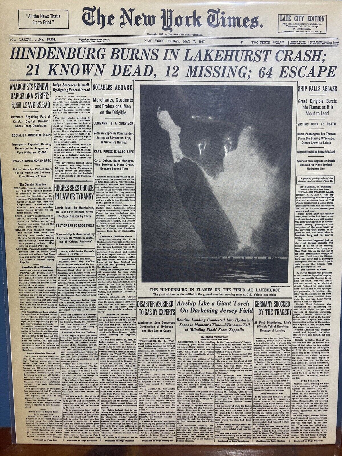 VINTAGE NEWSPAPER HEADLINE ~GERMAN ZEPPELIN HINDENBURG AIR SHIP DISASTER 1937