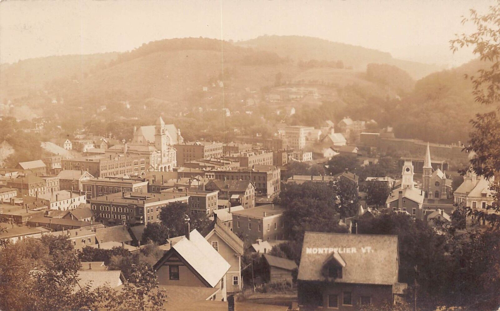 RPPC Montpelier VT Vermont Aerial Church Main Street 1913 Photo Postcard D22