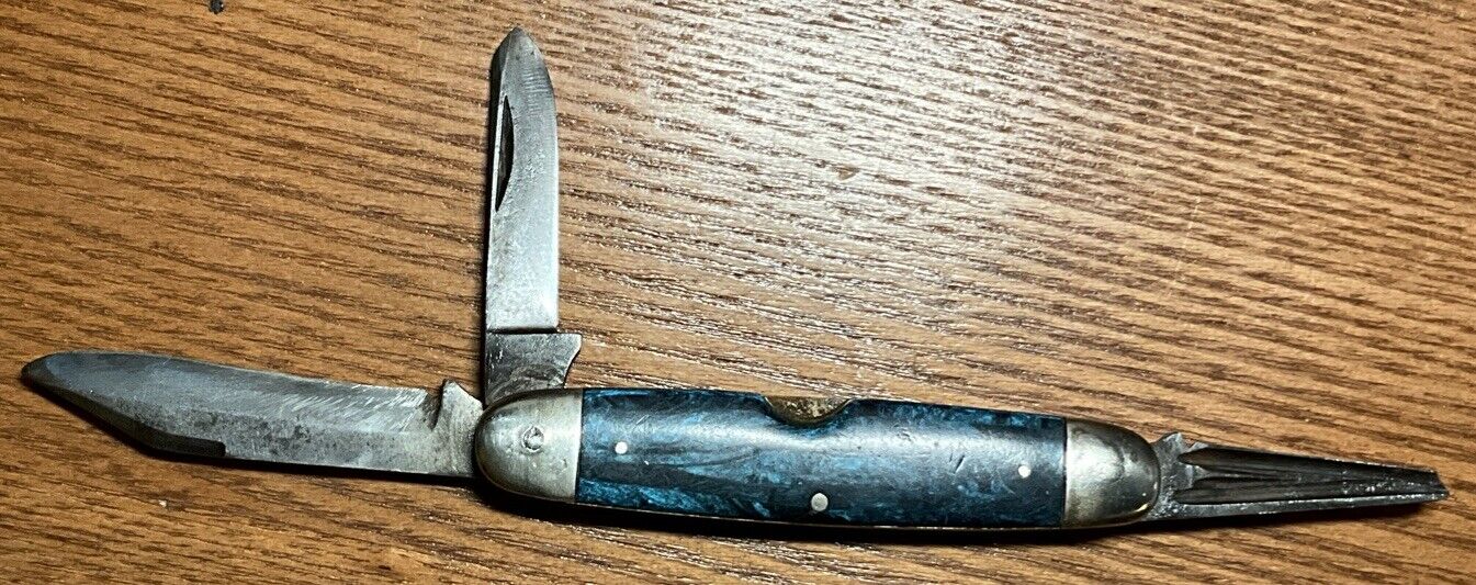 Antique Winchester, Trademark, USA, 3 Blade Cattle Knife, Blue Celluloid, 3 5/8\