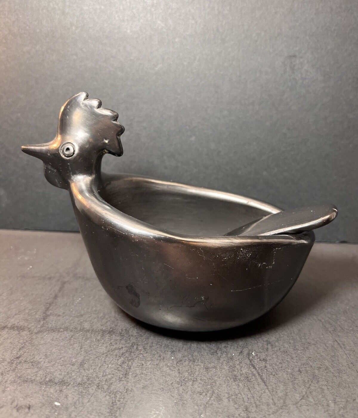 Oaxaca Mexico Black Clay Rooster Bowl with Spoon